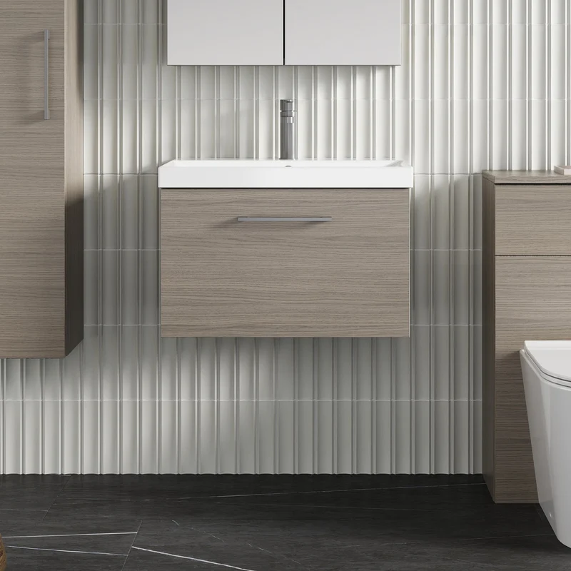 Lana 600mm Wall Hung 1 Drawer Vanity Unit & Basin - Solace Oak