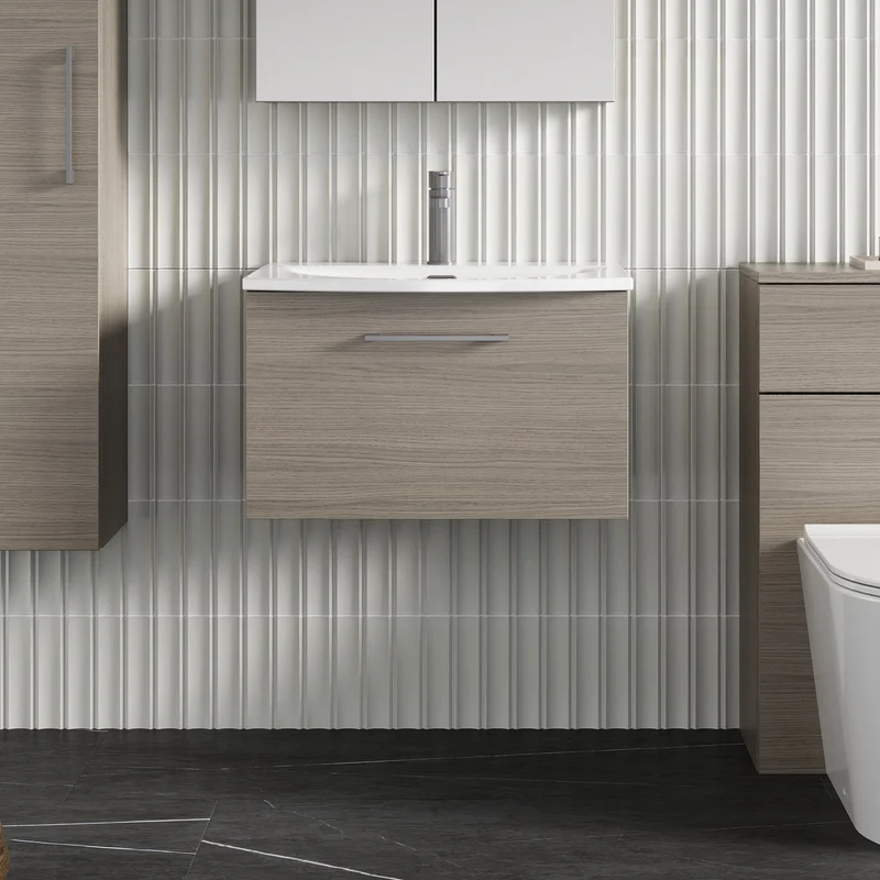 Lana 600mm Wall Hung 1 Drawer Vanity Unit & Basin - Solace Oak