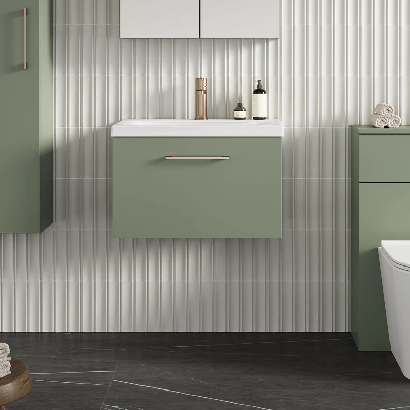 Lana 600mm Wall Hung 1 Drawer Vanity Unit & Basin - Satin Green