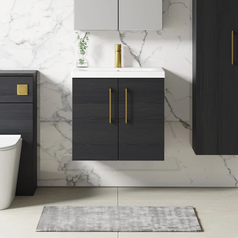 Lana 600mm Wall Hung 2 Door Vanity Unit & Basin - Charcoal Black Woodgrain
