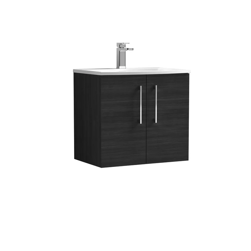 Lana 600mm Wall Hung 2 Door Vanity Unit & Basin - Charcoal Black Woodgrain