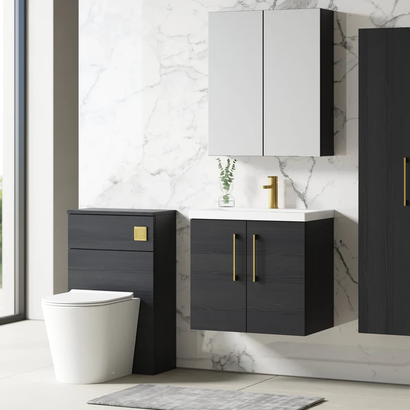 Lana 600mm Wall Hung 2 Door Vanity Unit & Basin - Charcoal Black Woodgrain