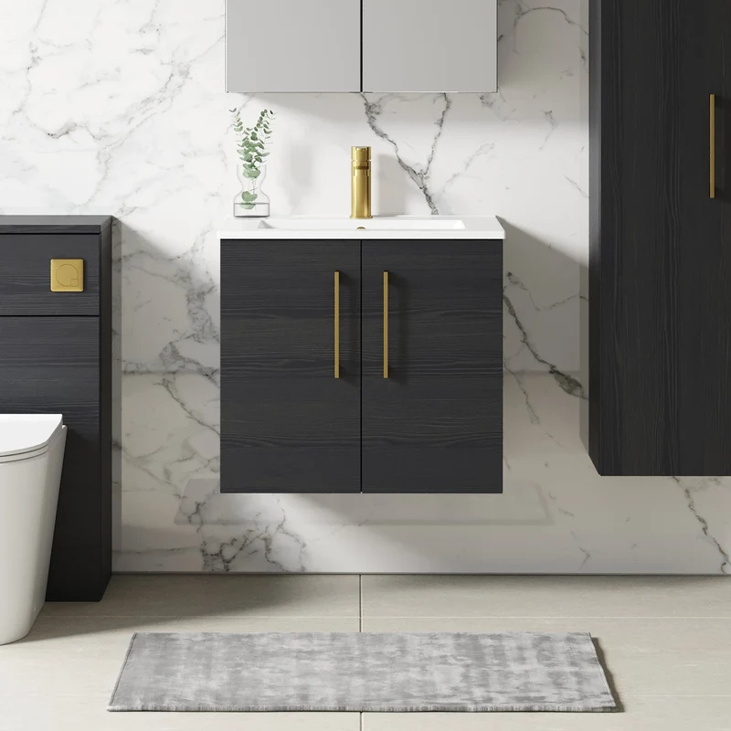 Lana 600mm Wall Hung 2 Door Vanity Unit & Basin - Charcoal Black Woodgrain