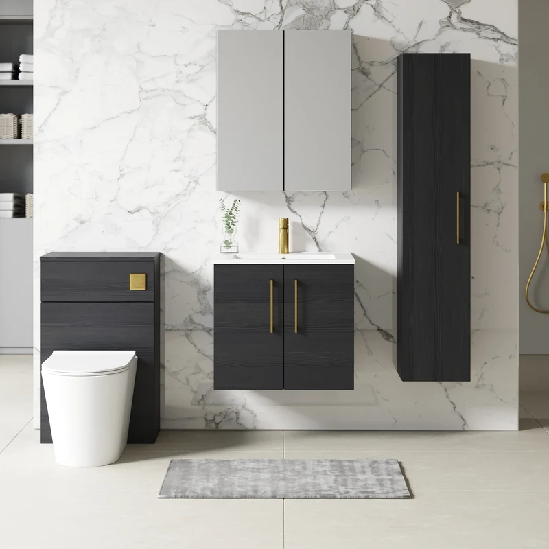 Lana 600mm Wall Hung 2 Door Vanity Unit & Basin - Charcoal Black Woodgrain