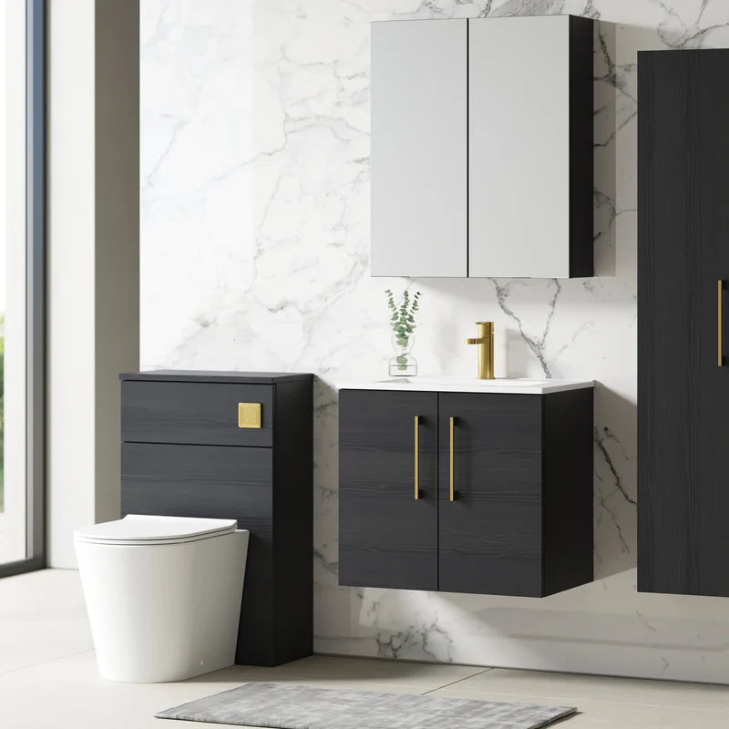 Lana 600mm Wall Hung 2 Door Vanity Unit & Basin - Charcoal Black Woodgrain