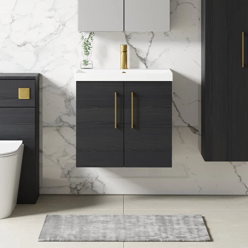 Lana 600mm Wall Hung 2 Door Vanity Unit & Basin - Charcoal Black Woodgrain