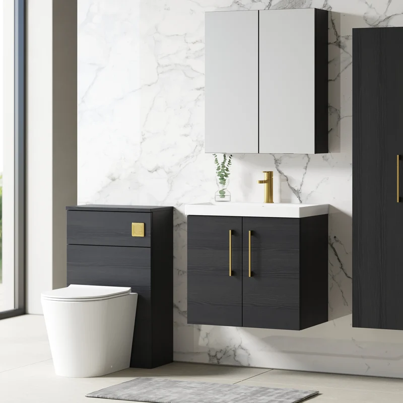 Lana 600mm Wall Hung 2 Door Vanity Unit & Basin - Charcoal Black Woodgrain
