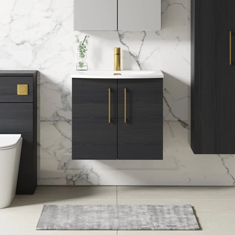 Lana 600mm Wall Hung 2 Door Vanity Unit & Basin - Charcoal Black Woodgrain