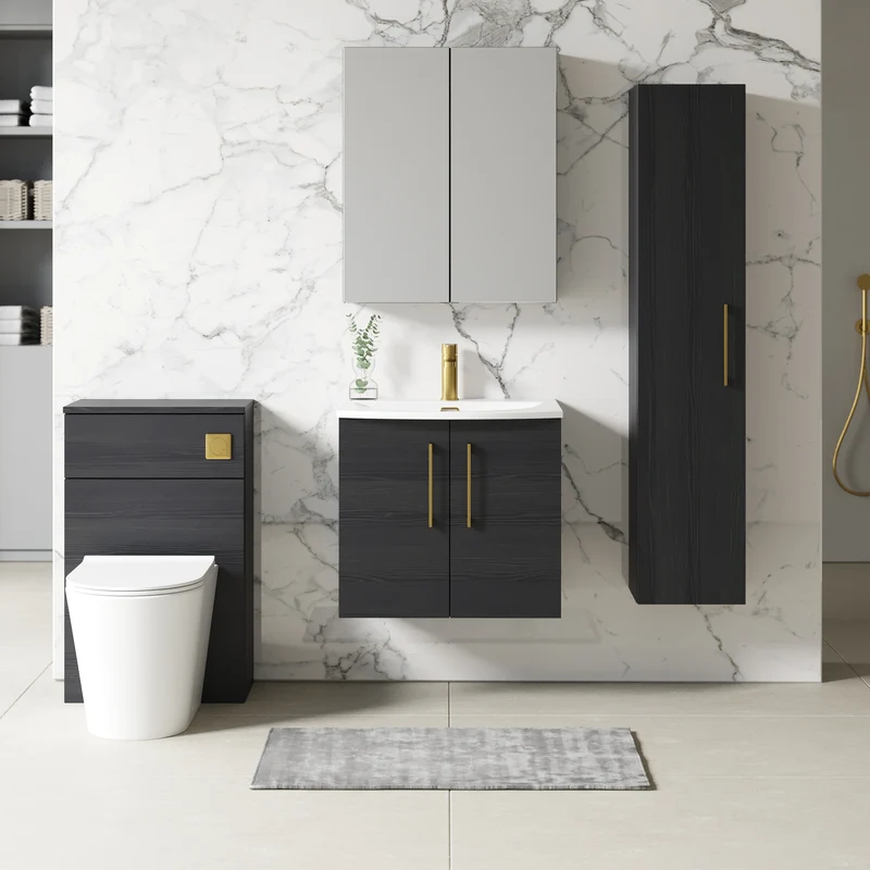 Lana 600mm Wall Hung 2 Door Vanity Unit & Basin - Charcoal Black Woodgrain