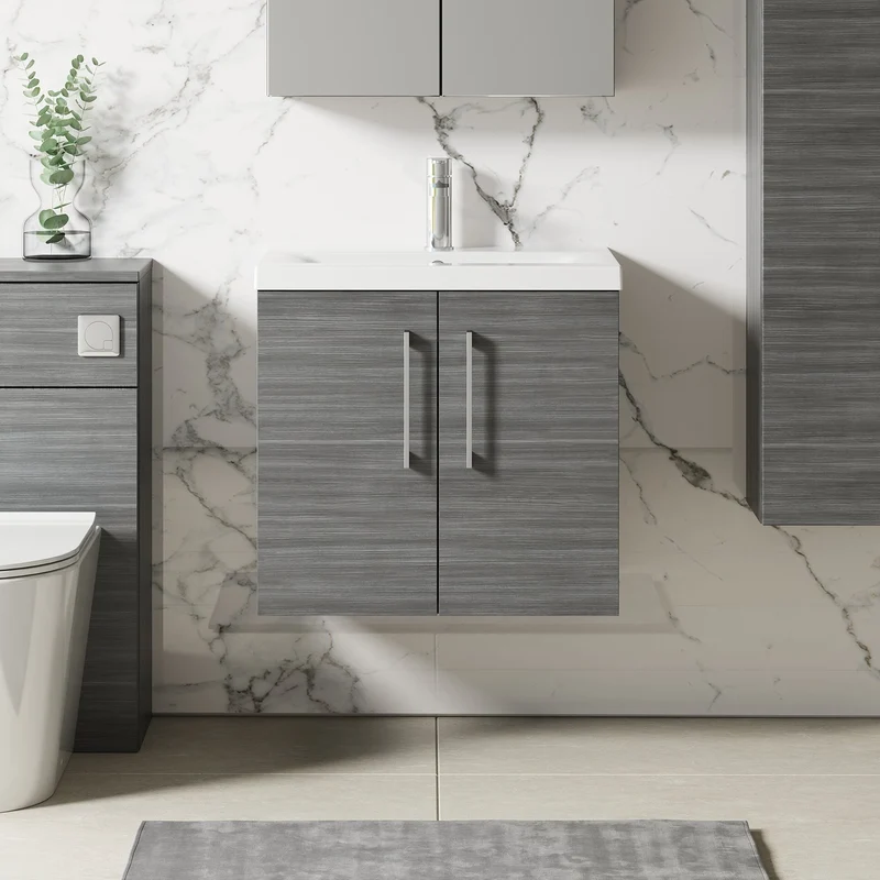 Lana 600mm Wall Hung 2 Door Vanity Unit & Basin - Anthracite Woodgrain