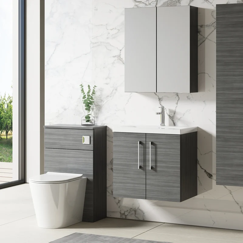 Lana 600mm Wall Hung 2 Door Vanity Unit & Basin - Anthracite Woodgrain