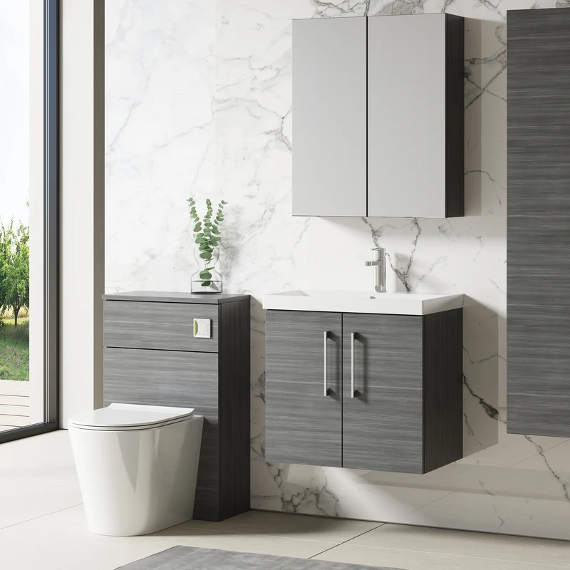 Lana 600mm Wall Hung 2 Door Vanity Unit & Basin - Anthracite Woodgrain