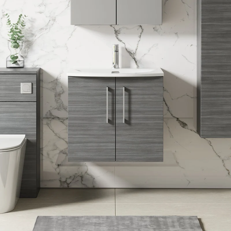 Lana 600mm Wall Hung 2 Door Vanity Unit & Basin - Anthracite Woodgrain