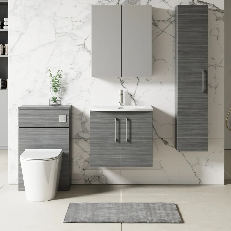 Lana 600mm Wall Hung 2 Door Vanity Unit & Basin - Anthracite Woodgrain