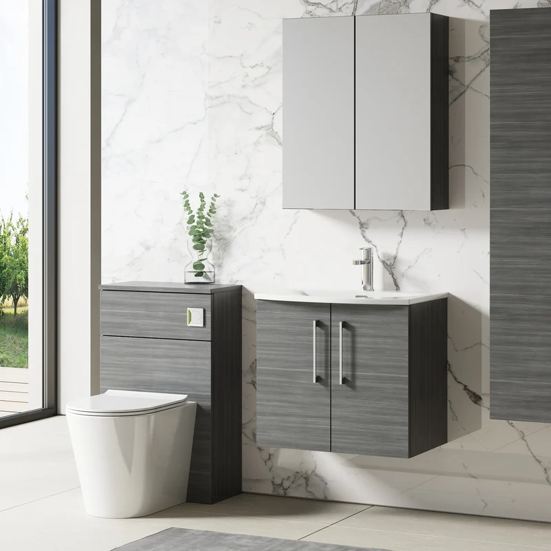 Lana 600mm Wall Hung 2 Door Vanity Unit & Basin - Anthracite Woodgrain