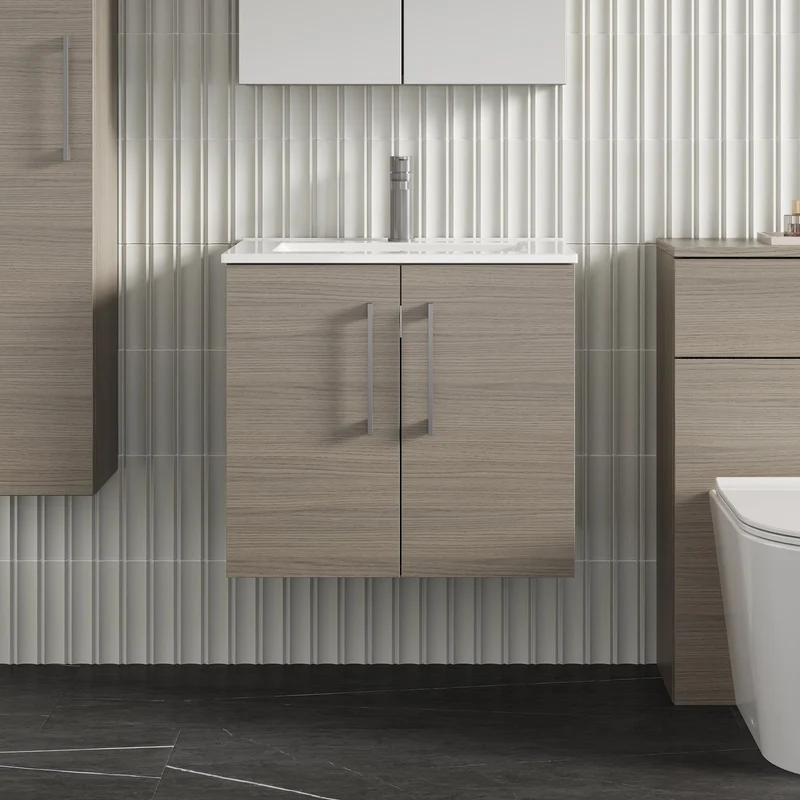 Lana 600mm Wall Hung 2 Door Vanity Unit & Basin - Solace Oak