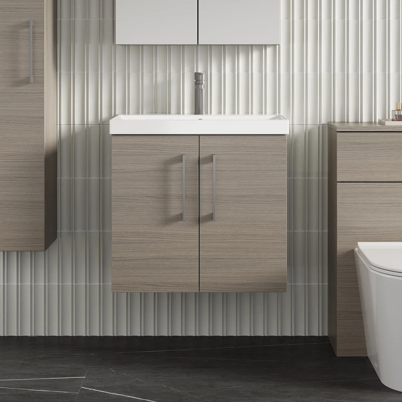 Lana 600mm Wall Hung 2 Door Vanity Unit & Basin - Solace Oak