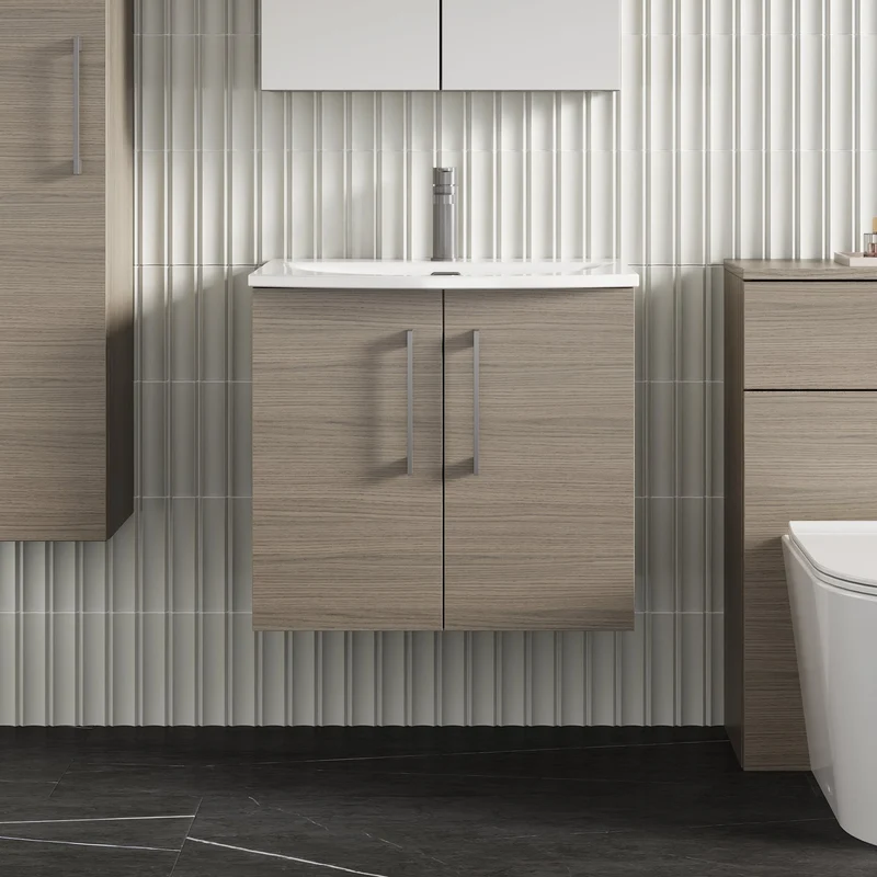 Lana 600mm Wall Hung 2 Door Vanity Unit & Basin - Solace Oak
