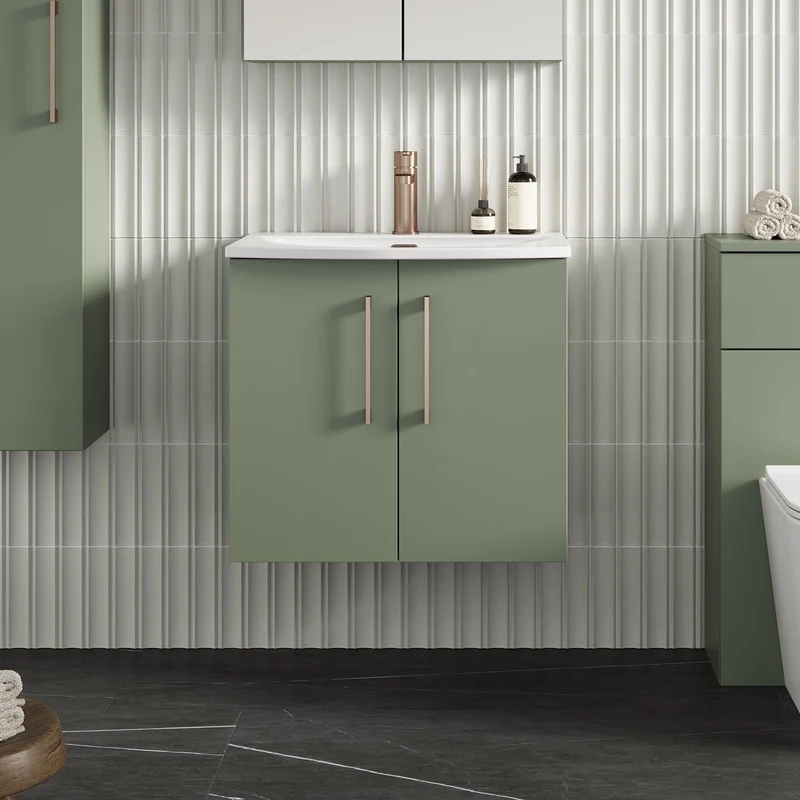 Lana 600mm Wall Hung 2 Door Vanity Unit & Basin - Satin Green