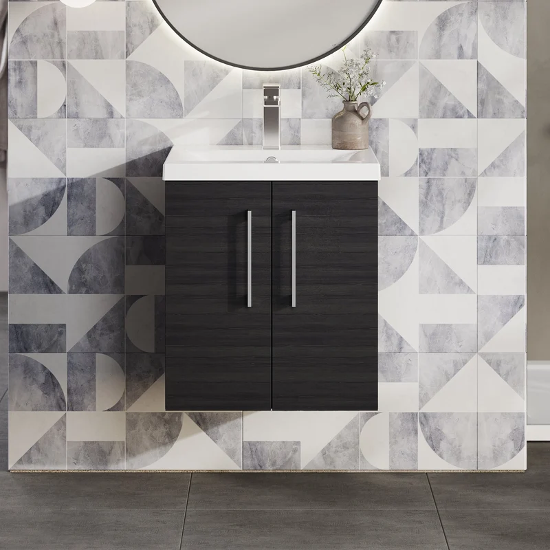 Lana 500mm Wall Hung 2 Door Vanity Unit & Basin - Charcoal Black Woodgrain