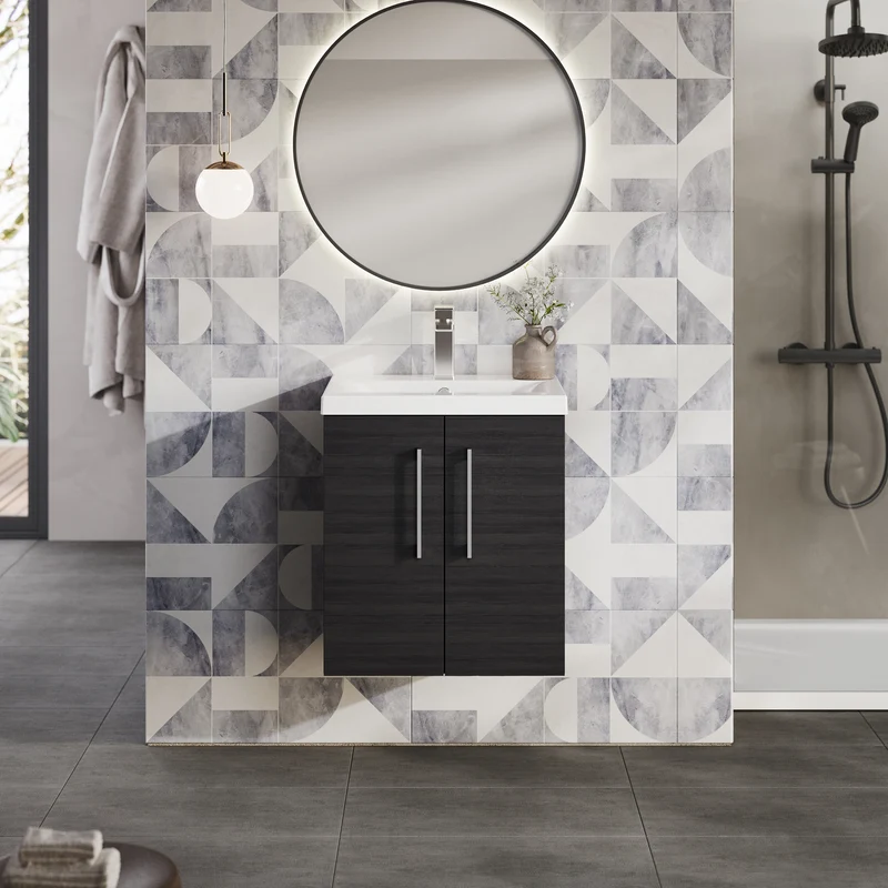 Lana 500mm Wall Hung 2 Door Vanity Unit & Basin - Charcoal Black Woodgrain