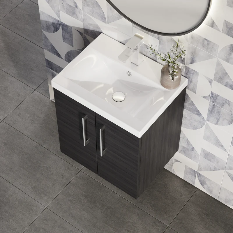 Lana 500mm Wall Hung 2 Door Vanity Unit & Basin - Charcoal Black Woodgrain