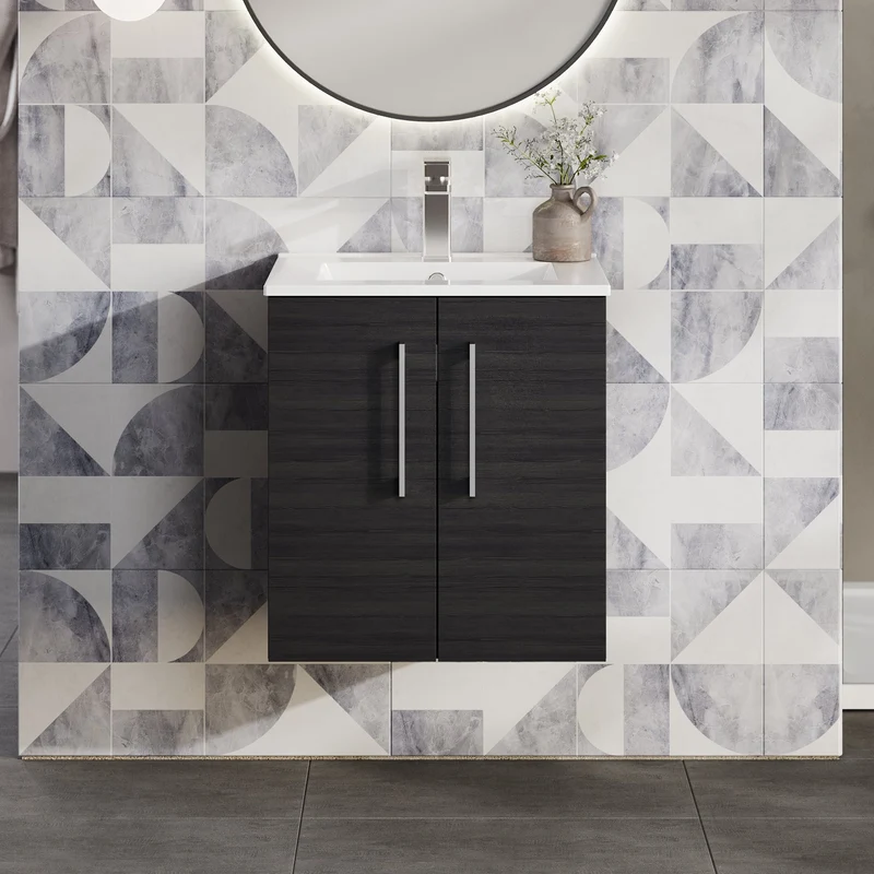 Lana 500mm Wall Hung 2 Door Vanity Unit & Basin - Charcoal Black Woodgrain