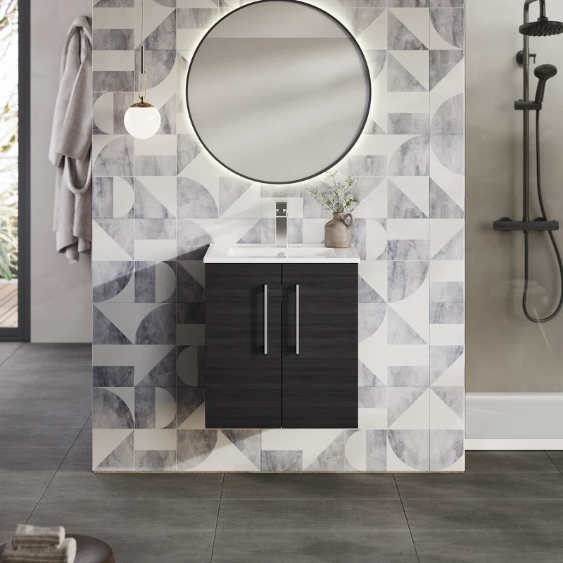 Lana 500mm Wall Hung 2 Door Vanity Unit & Basin - Charcoal Black Woodgrain