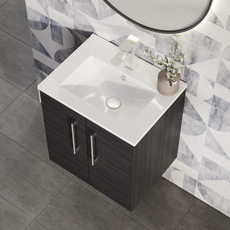 Lana 500mm Wall Hung 2 Door Vanity Unit & Basin - Charcoal Black Woodgrain