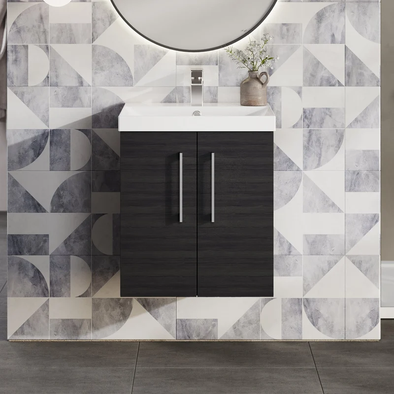 Lana 500mm Wall Hung 2 Door Vanity Unit & Basin - Charcoal Black Woodgrain