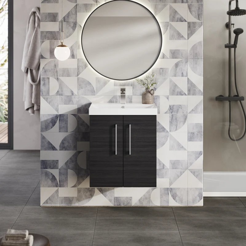 Lana 500mm Wall Hung 2 Door Vanity Unit & Basin - Charcoal Black Woodgrain