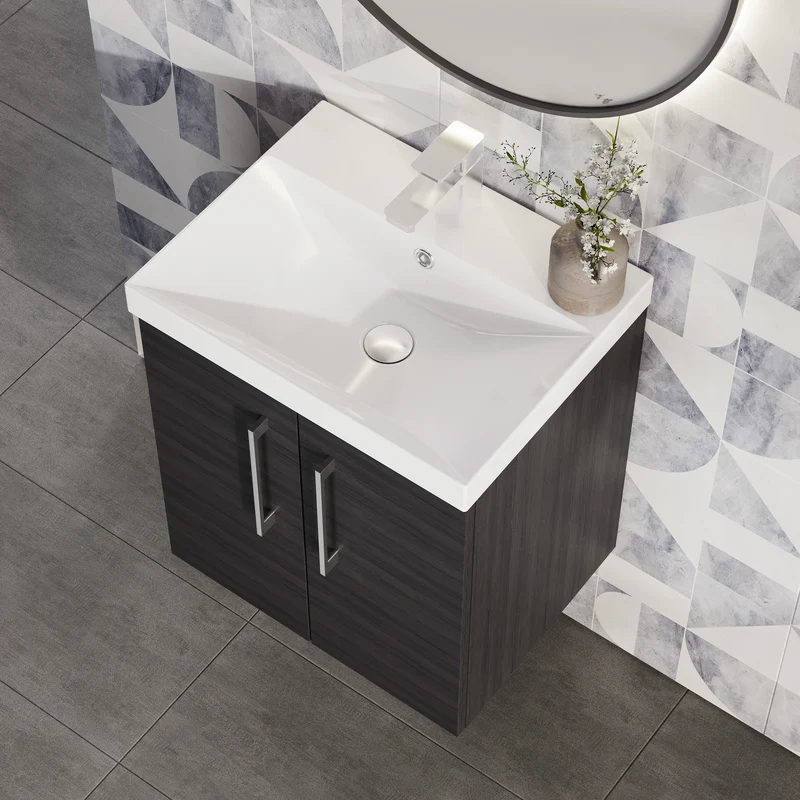 Lana 500mm Wall Hung 2 Door Vanity Unit & Basin - Charcoal Black Woodgrain