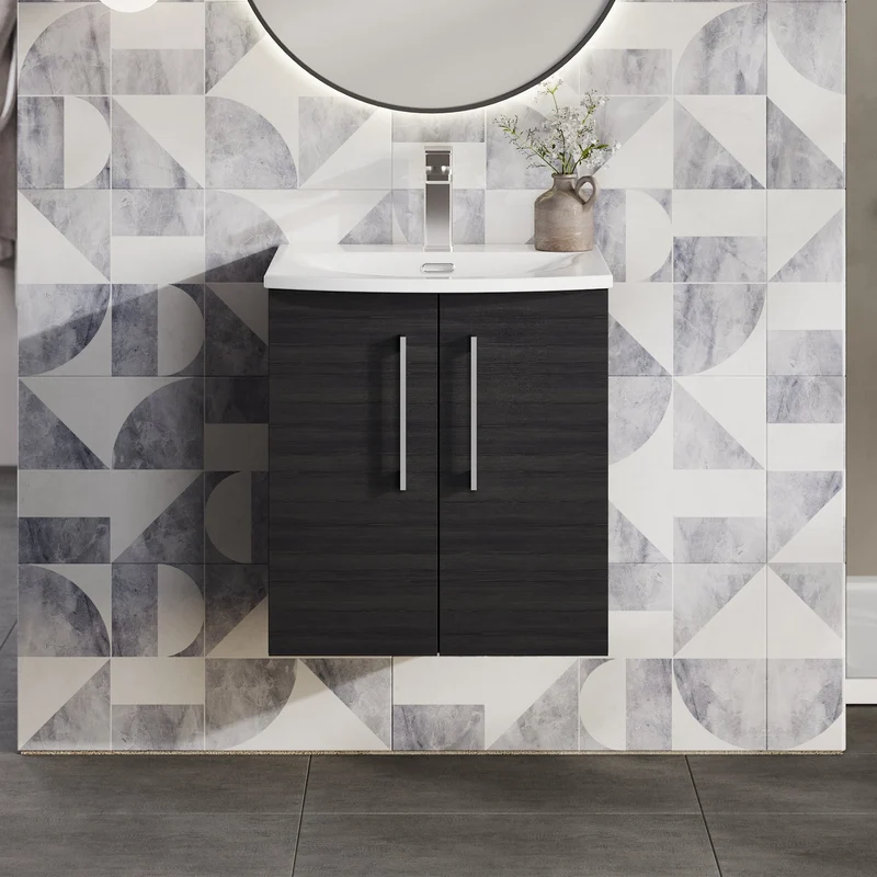Lana 500mm Wall Hung 2 Door Vanity Unit & Basin - Charcoal Black Woodgrain