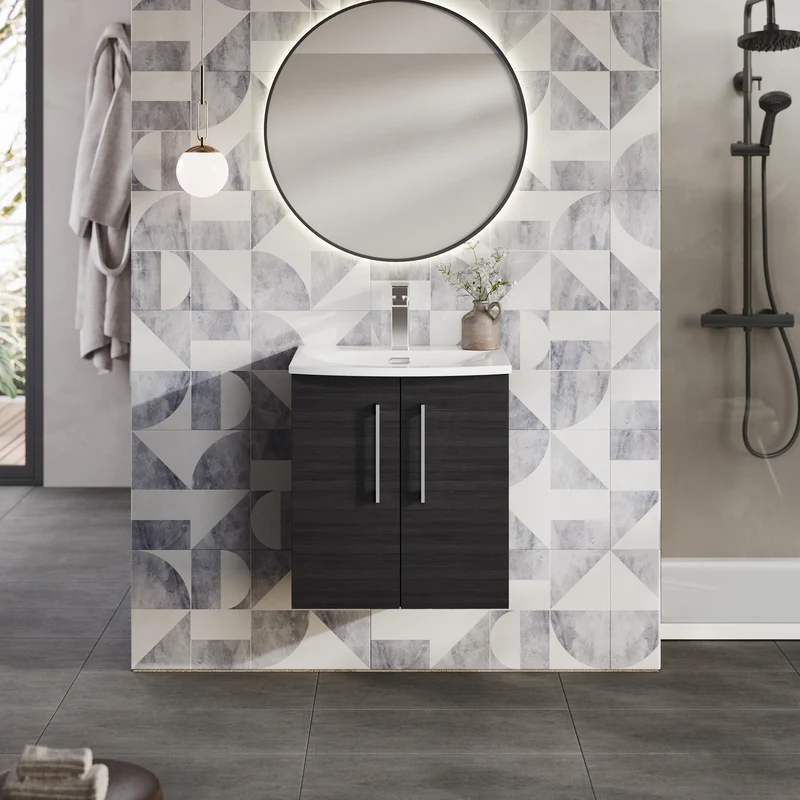 Lana 500mm Wall Hung 2 Door Vanity Unit & Basin - Charcoal Black Woodgrain