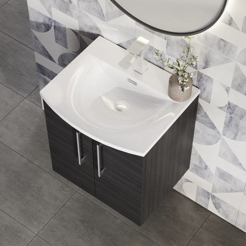 Lana 500mm Wall Hung 2 Door Vanity Unit & Basin - Charcoal Black Woodgrain