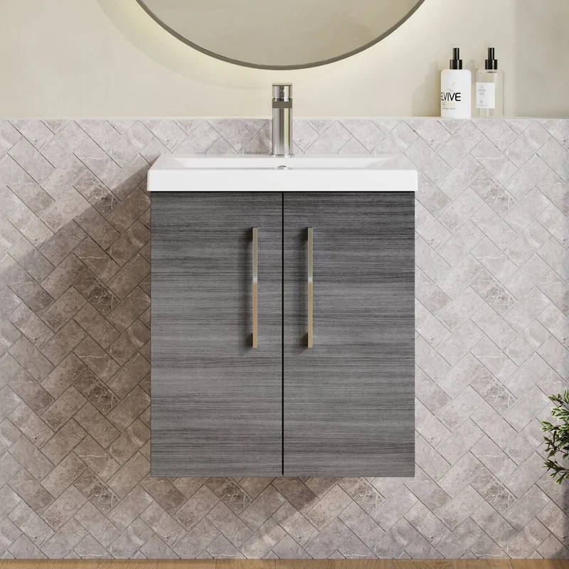 Lana 500mm Wall Hung 2 Door Vanity Unit & Basin - Anthracite Woodgrain