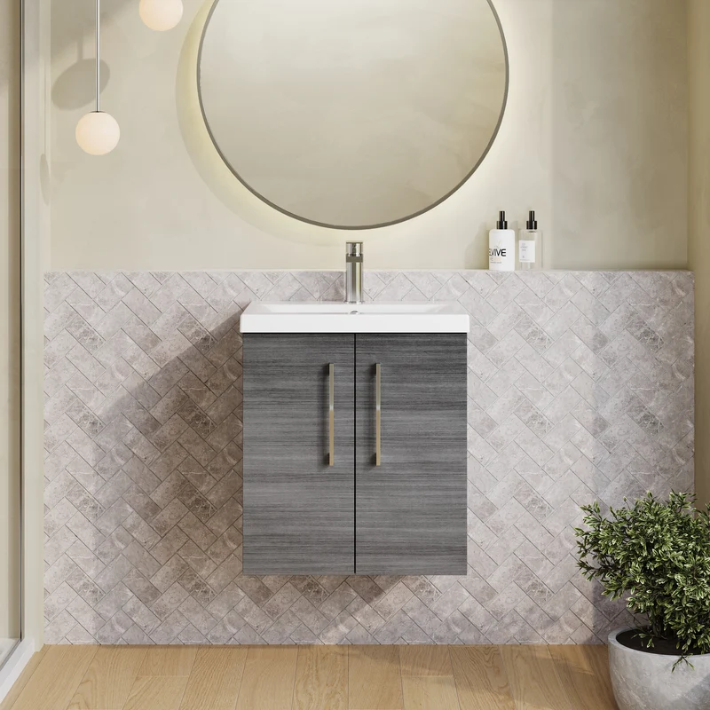 Lana 500mm Wall Hung 2 Door Vanity Unit & Basin - Anthracite Woodgrain