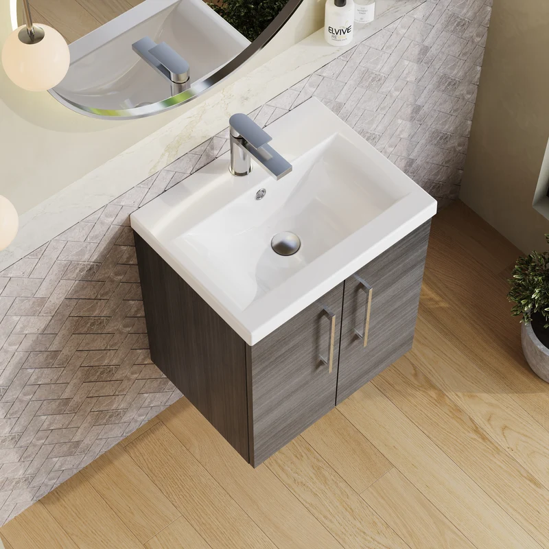 Lana 500mm Wall Hung 2 Door Vanity Unit & Basin - Anthracite Woodgrain