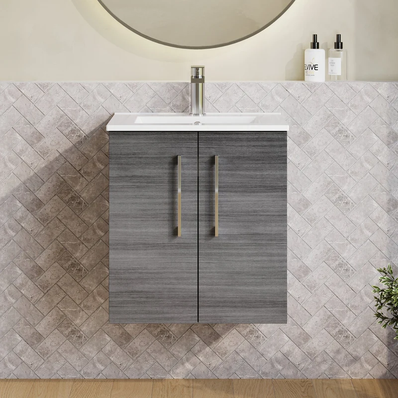 Lana 500mm Wall Hung 2 Door Vanity Unit & Basin - Anthracite Woodgrain