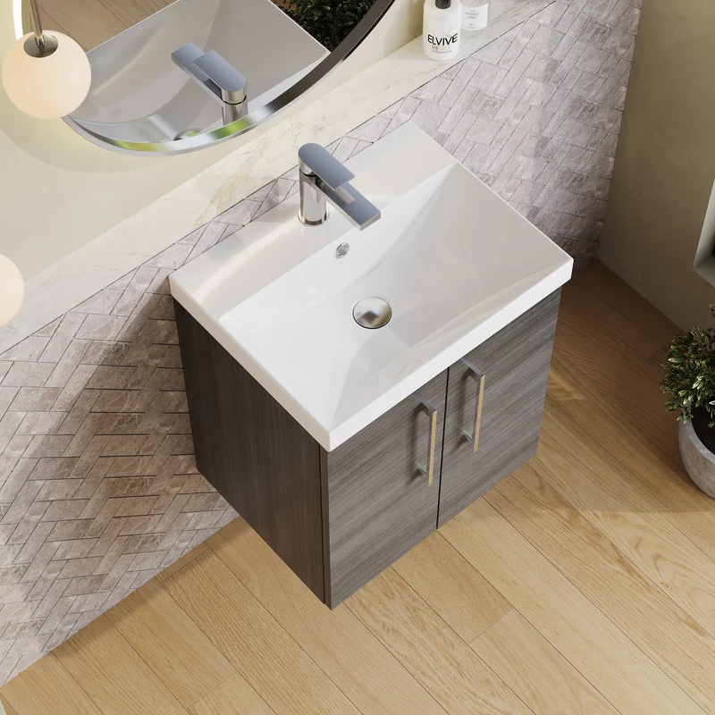 Lana 500mm Wall Hung 2 Door Vanity Unit & Basin - Anthracite Woodgrain