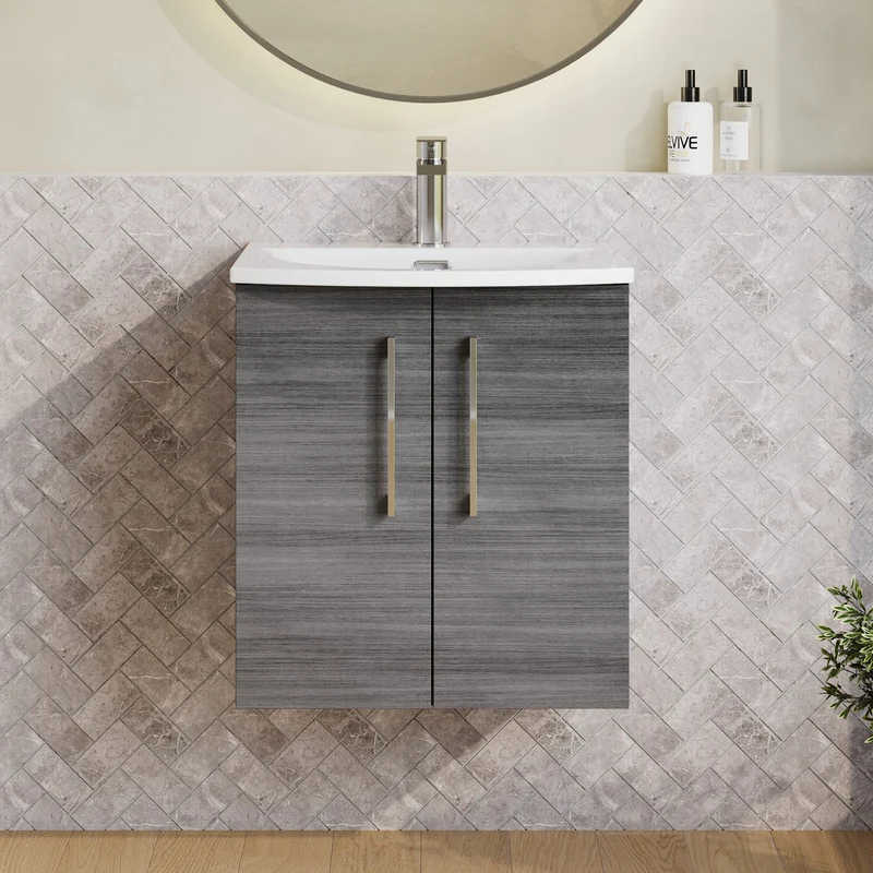 Lana 500mm Wall Hung 2 Door Vanity Unit & Basin - Anthracite Woodgrain