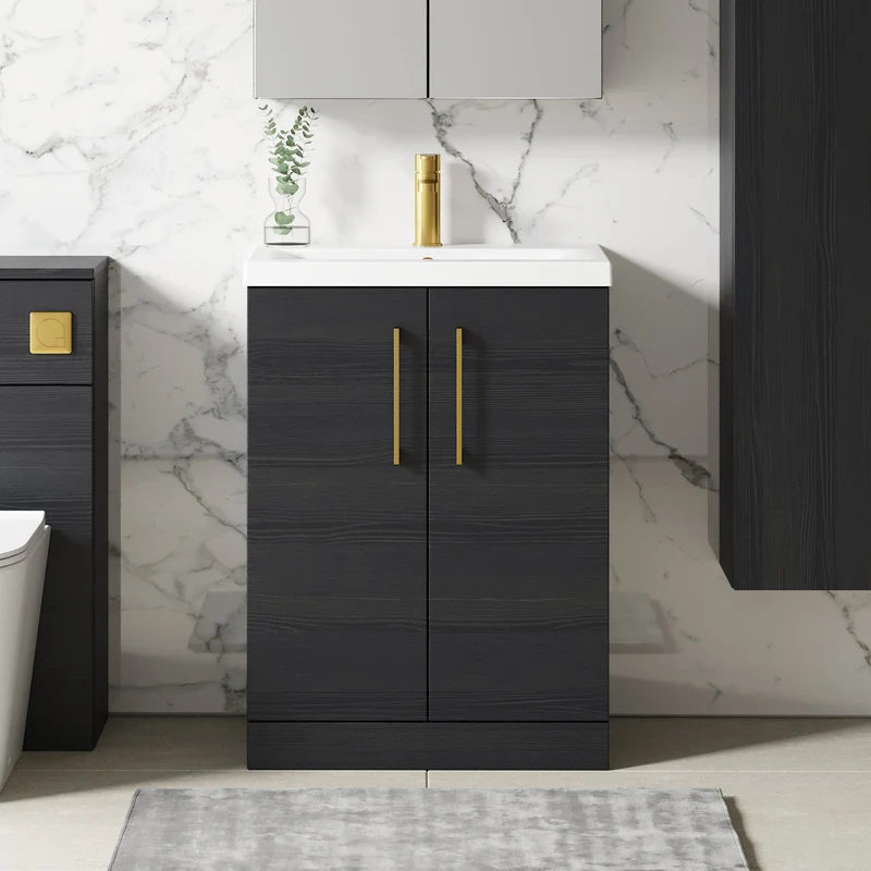 Lana 600mm Floorstanding 2 Door Vanity Unit & Basin - Charcoal Black Woodgrain