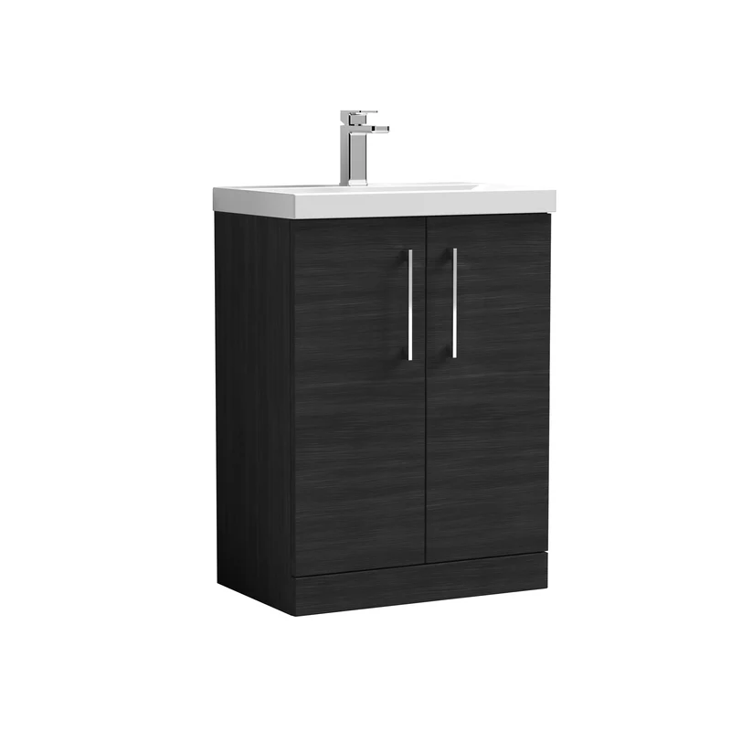 Lana 600mm Floorstanding 2 Door Vanity Unit & Basin - Charcoal Black Woodgrain