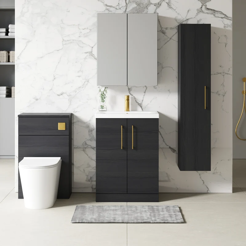 Lana 600mm Floorstanding 2 Door Vanity Unit & Basin - Charcoal Black Woodgrain