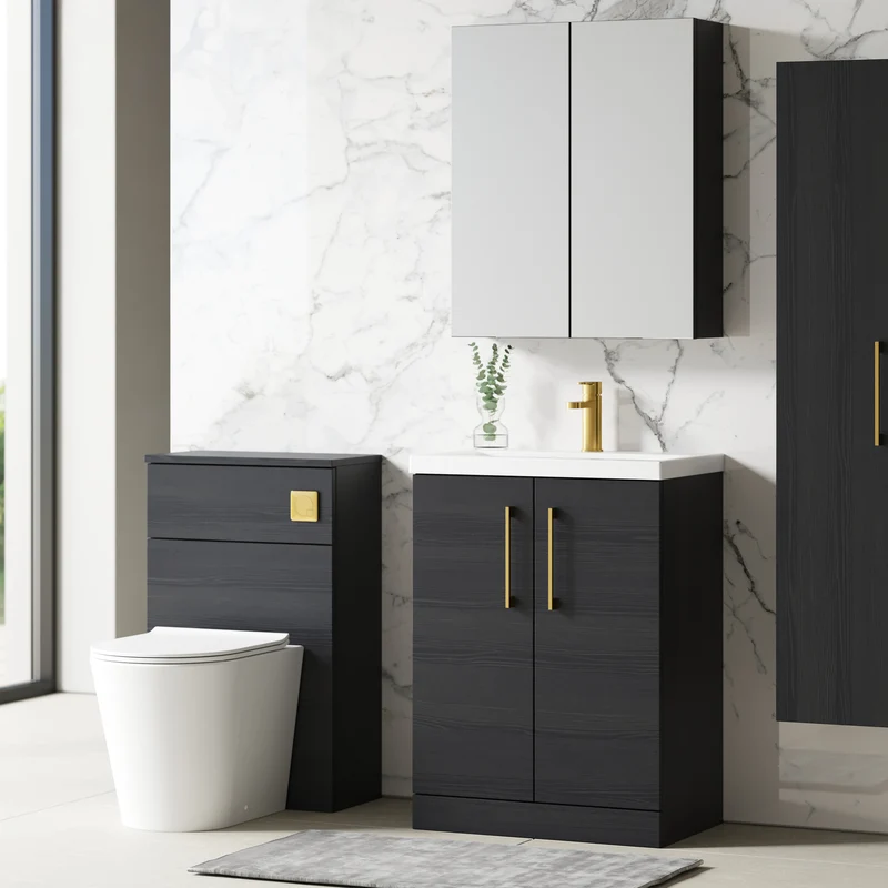 Lana 600mm Floorstanding 2 Door Vanity Unit & Basin - Charcoal Black Woodgrain