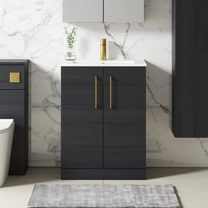 Lana 600mm Floorstanding 2 Door Vanity Unit & Basin - Charcoal Black Woodgrain