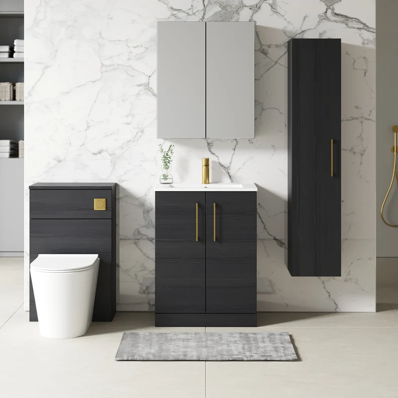 Lana 600mm Floorstanding 2 Door Vanity Unit & Basin - Charcoal Black Woodgrain