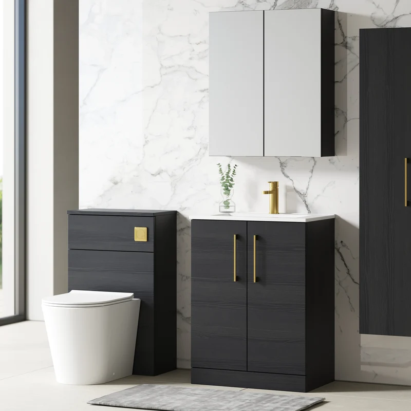 Lana 600mm Floorstanding 2 Door Vanity Unit & Basin - Charcoal Black Woodgrain