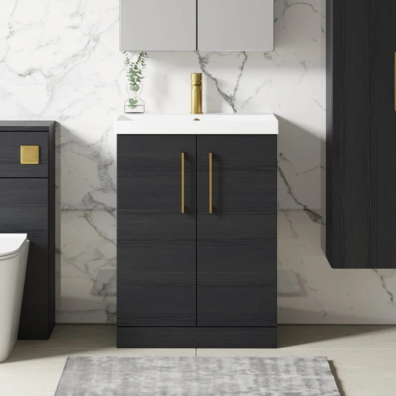 Lana 600mm Floorstanding 2 Door Vanity Unit & Basin - Charcoal Black Woodgrain