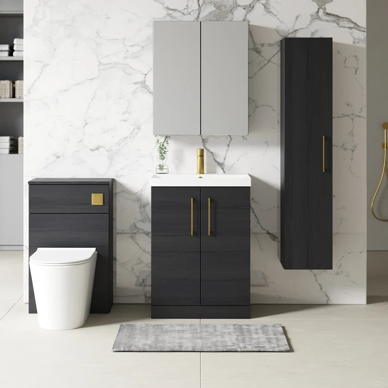 Lana 600mm Floorstanding 2 Door Vanity Unit & Basin - Charcoal Black Woodgrain